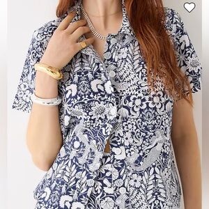 J. Crew Blue and White Floral Mermaid button down Shirt Sz 0